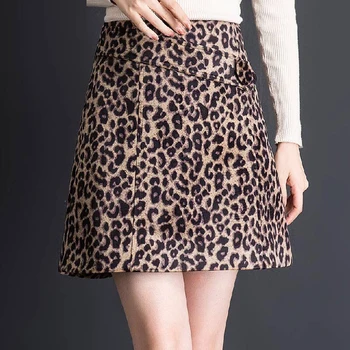 

2019 Winter Fall Fashion Womens High Waisted Leopard Pattern A Line Woolen Mini Skirt , Autumn 4xl Wool Skirts for Women