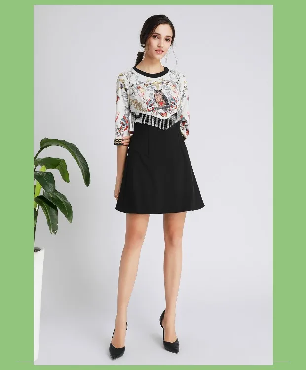 Модное новое осеннее платье moda feminina vestido de festa, рукав семь четвертей, шарф с принтом, украшенное бисером, кисточками, Черное мини-платье