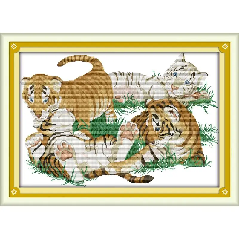 Joy Sunday Cross Stitch Four Tigers Cotton Thread Painting 11&14ct Diy Crossstitch Kits
