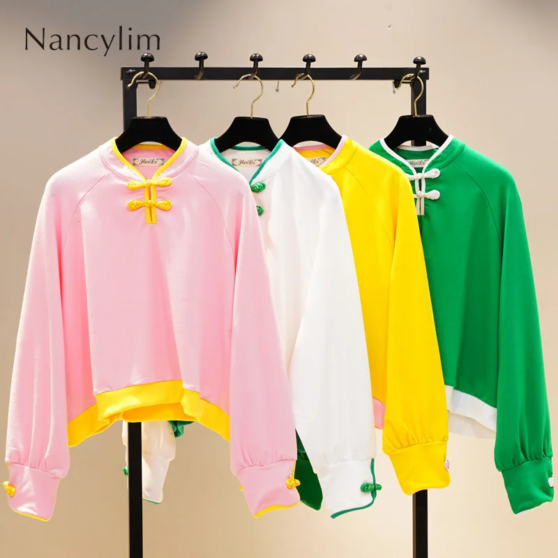 

Hoodie Women Spring Autumn New Loose Pullover Retro Short Sweatshirt Women's Solid Color Raglan Sleeve Color Matching Pull Lady