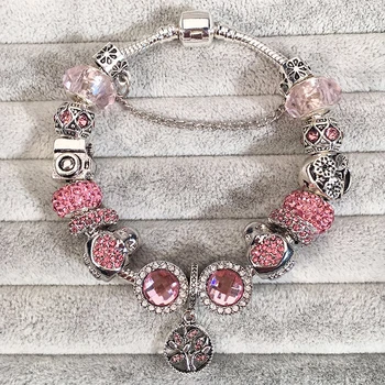 

Fashion Life Tree Pendant Charm Bracelets With Pink/Red/Blue Crystal Beads Brand Bracelet For Women Girls BEST Jewelry Gift