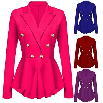 

Office Lady Autumn Lapel Collar Double-breasted Ruffled Hem Blazer Short Coat