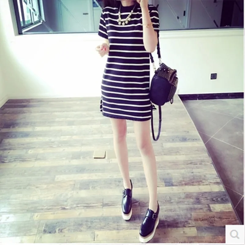 

2019 Summer Dress Mid-length Women's Stripes Loose Short Sleeve T-shirt Korean-style Horizontal Stripes Women's Fashion Clothes