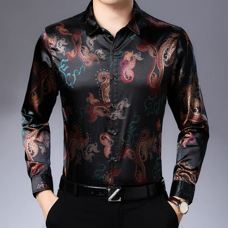 Шелковые рубашки, мужские Атласные Рубашки, новинка, зимние рубашки с цветочным принтом кешью, Мужская винтажная одежда, Клубная одежда в стиле барокко, приталенная одежда