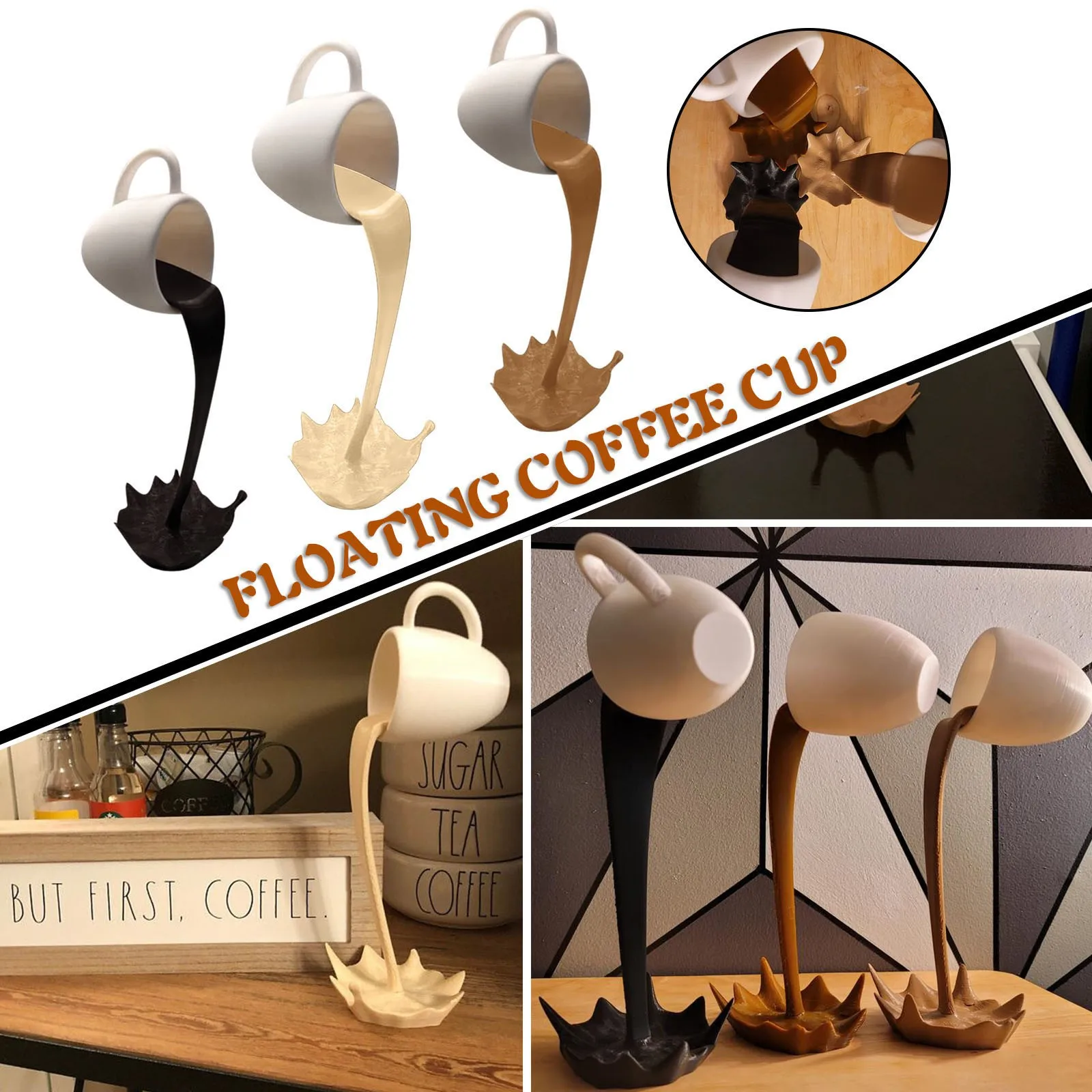 Floating Spilling Coffee Cup Sculpture Kitchen Decoration Spilling Magic Pouring Splash Creative Desktop Decor Home Decoration war figurines