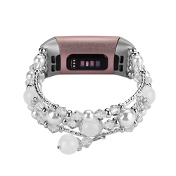 Elegant Elastic Beaded Bracelet with Agate and Pearl Beads - Black - Fitbit Charge 5 6 (White)