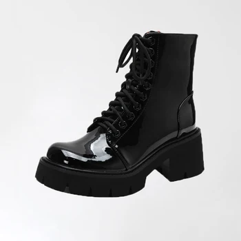 

2020 Fashion Patent Leather Boots Women Thick Sole Lace Up Motorcycle Boots Autumn Winter Platform Boots Shoes for Women