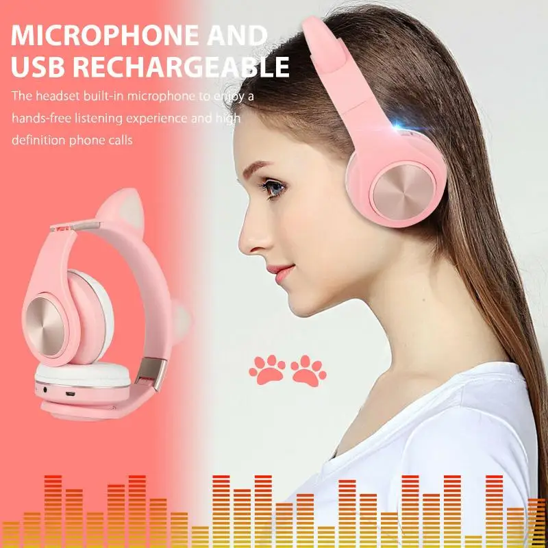 Kids Bluetooth 5 0 Headphones LED Light Cat Ears Headset Wireless Headset HIFI Stereo Bass Headphone For Phones With Microphone