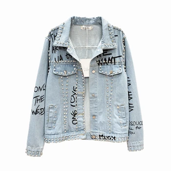 

Harajuku Denim Jacket Women Korean Fashion Diamond Letter Print Jeans Jacket Loose Blue Short Jeans coat Women Streetwear H359