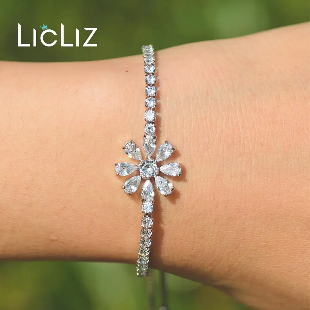 LicLiz, модные уникальные регулируемые браслеты в виде цветка для женщин, в форме капли воды, циркония, белое золото, в коробке, цепочка, ювелирное изделие LUB0202