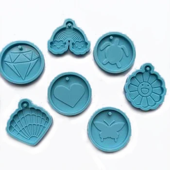 

7 Shape Round Keychain Silicone Molds Diamond Flower Tortoise Pendant Resin Mold 83XF