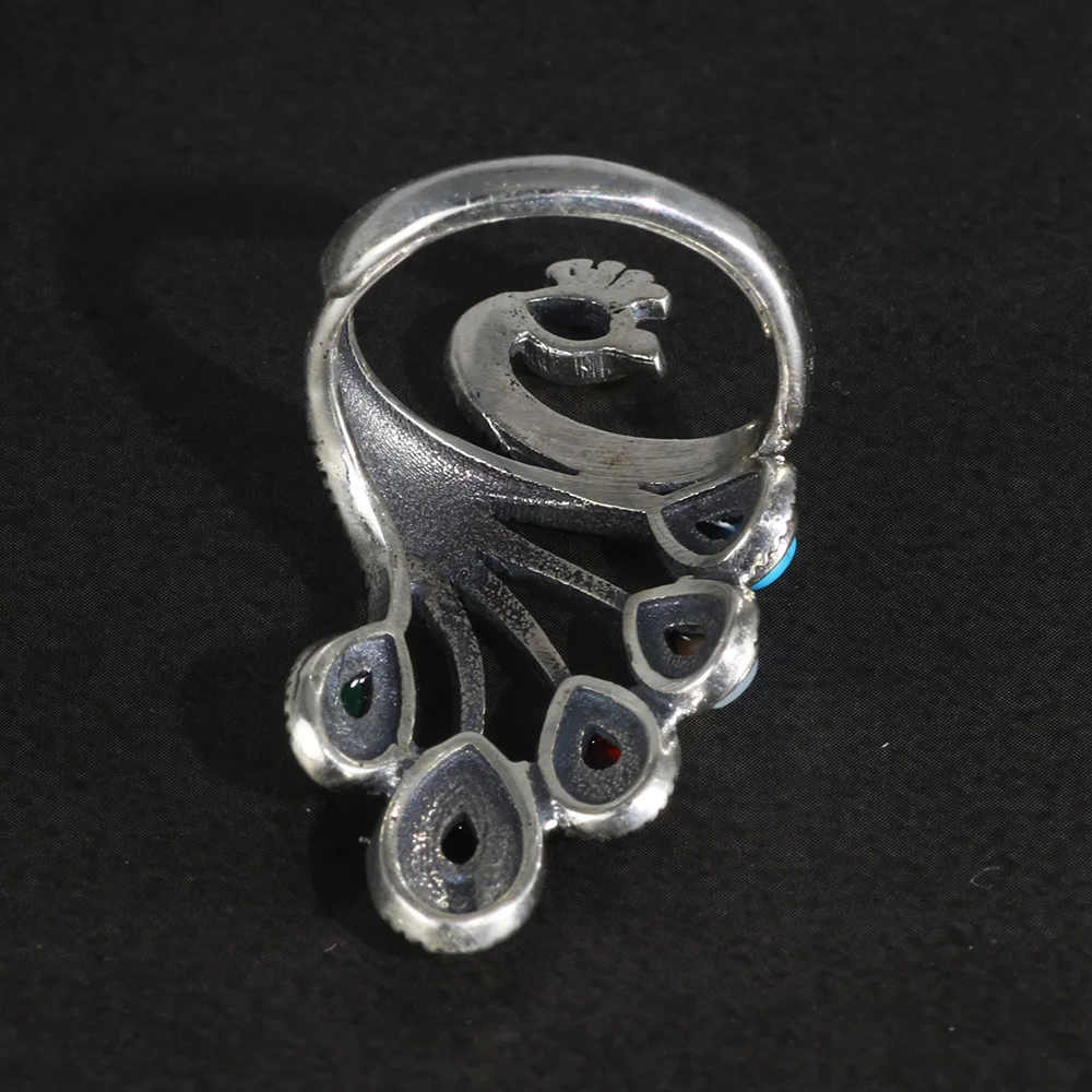 Tanie Peacock pierścionki dla kobiet prawdziwa czysta 925 Sterling Silver biżuteria z czerwony granat kamień naturalny czarny onyks zwierząt ptak pierścień