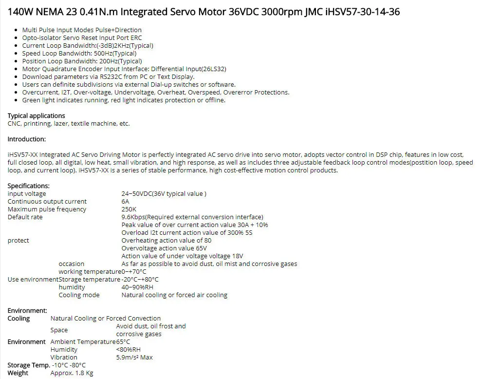 JMC iHSV57-30-14-36 140W 3000 об/мин NEMA23 0.41Nm встроенный Серводвигатель 36VDC