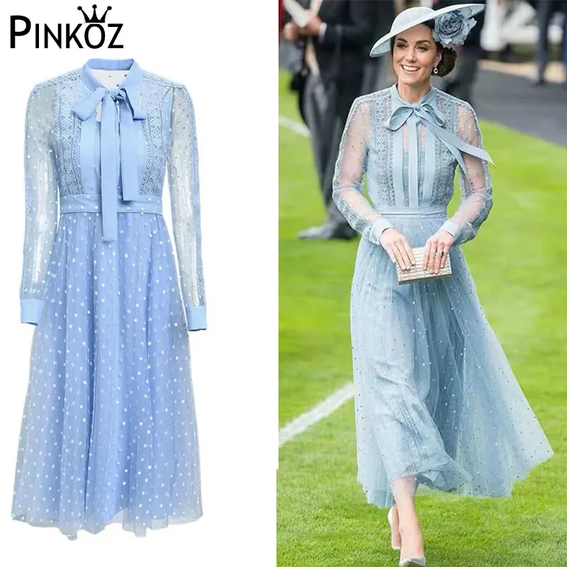 

Pinkoz Runway Designer Princess Style Polka Dot Bow Neck Dress Elegant Party Dresses Women Office Work Midi Dress Spring Autumn