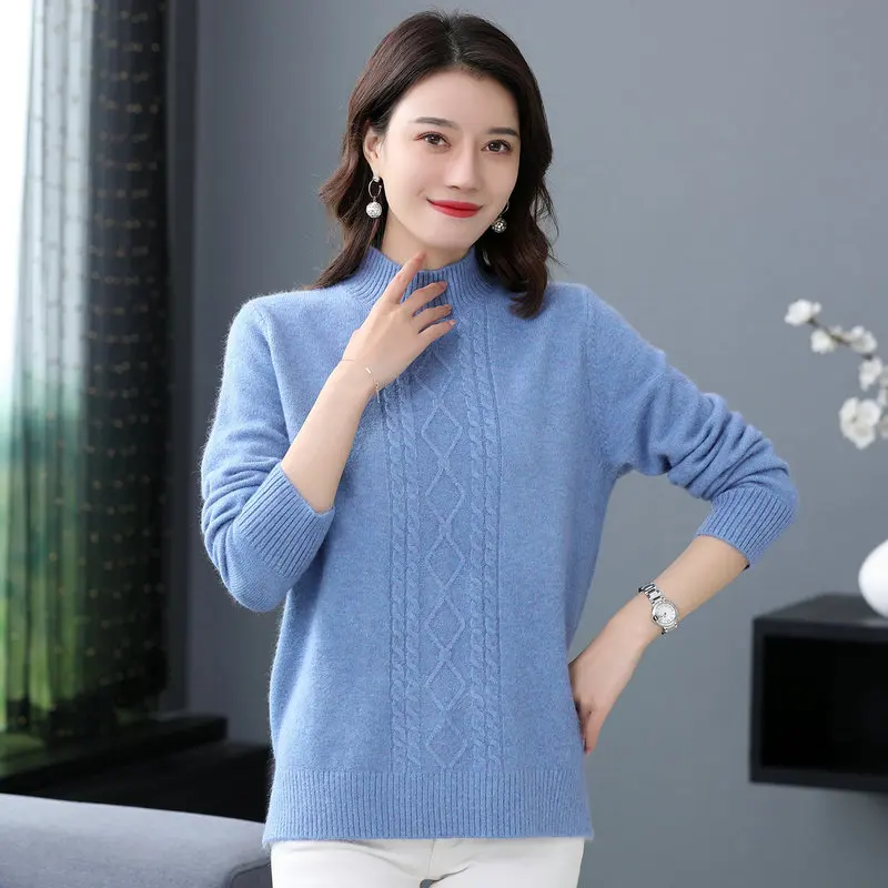 

Women Basic Pullover Sweaters Soft Warm Wool Blend Textured Knit Tops Woman Winter Autumn Pink Green Blue White Woolen Knitwear