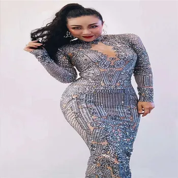 

T51 Sexy full rhinestone evening long dress crystal female bag hip skirt diamonds women dance costume proom singer party wears