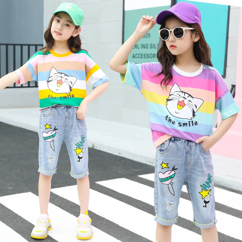 Girls Rainbow Striped T-shirt Summer Outfit Girl Clothes Jeans Shorts Kids Girls 2 Piece Clothing Set