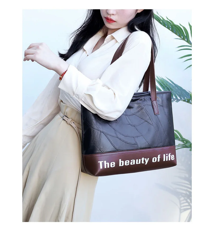 REPRCLA New Patchwork Leather Women Bag Autumn And Winter Ladies Handbag Big Capacity Shoulder Bag Casual Tote