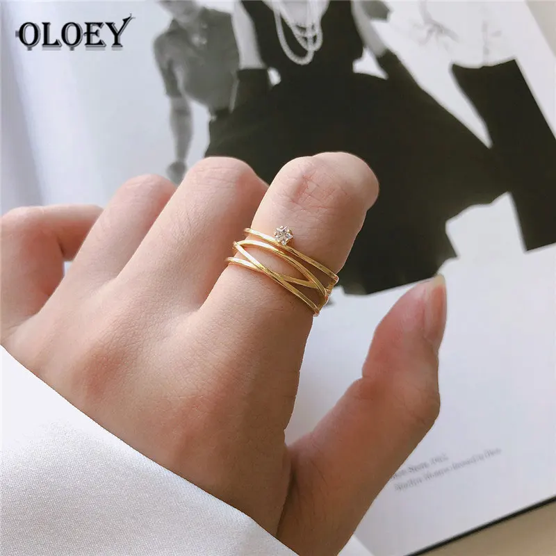 OLOEY,, настоящее 925 пробы, серебряные, регулируемые кольца для женщин, Корея, золото, много линий, циркон, Открытое кольцо, хорошее ювелирное изделие, подарки YMR926
