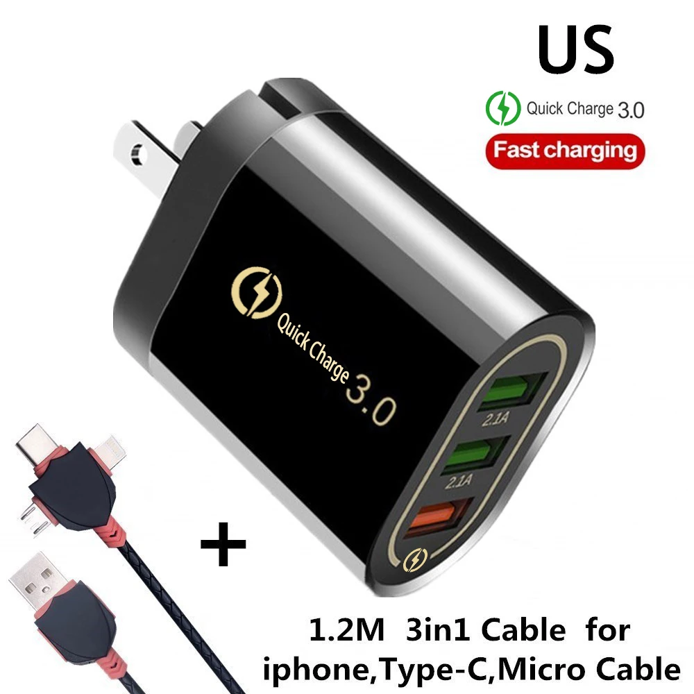 US 3in1 Cable Black Быстрое зарядное устройство 3 USB зарядное устройство Быстрая зарядка QC3.0 5 V/3A EU/US для iPhone быстрое зарядное устройство Xiaomi портативное зарядное устройство для телефона Зарядка зарядное устройство - Тип штекера: US 3in1 Cable Black