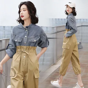 

Casual Jumpsuit for Female Spliced Denim Rompers Womens Stand Collar Jumpsuits Temperament Overalls