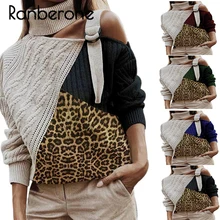 Ranberone Leopard Patchwork Turtleneck Sweater Women Sexy Off Shoulder Color Block Knitted Sweaters Batwing Long Sleeve Pullover Ranberone Leopard Patchwork Turtleneck Sweater Women Sexy Off Shoulder Color Block Knitted Sweaters Batwing Long Sleeve Pullover