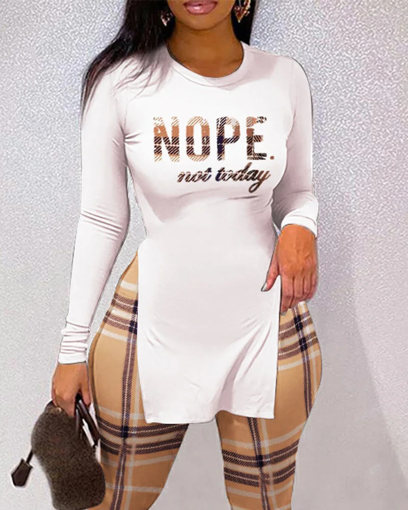 Women Clothing 2021 Winter Women's Set Letter Print Split Hem Long Sleeve Top & Camouflage High Two Piece Set Outfits Sweatsuit