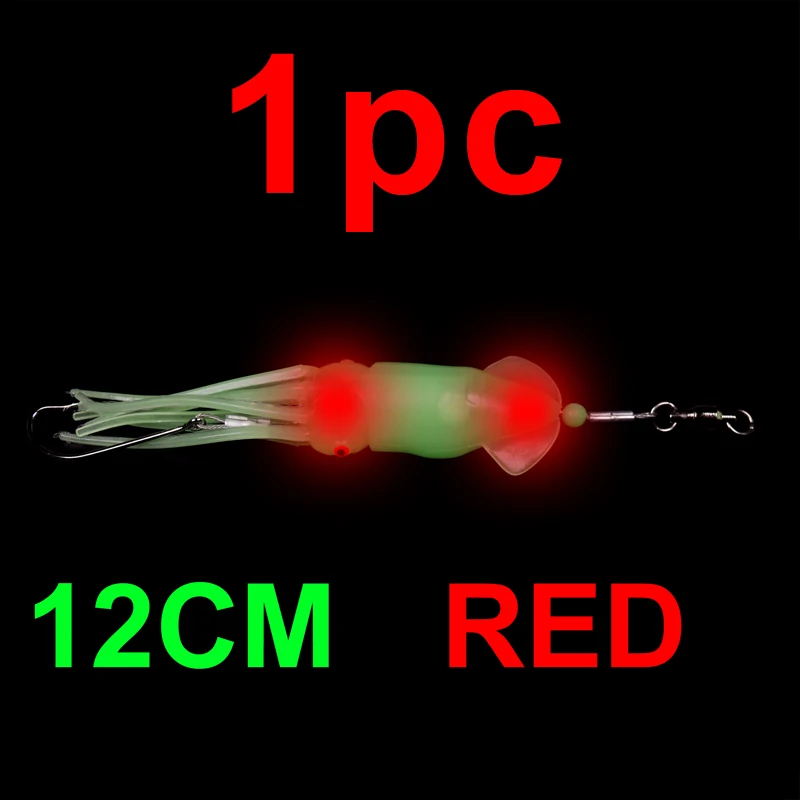 Bimoo 1 шт. 12 см светящийся кальмар морская наживка светодиодный свет двойной искушение мягкая морская рыболовная приманка с крючком белый красный и т. Д - Цвет: 1PC Red