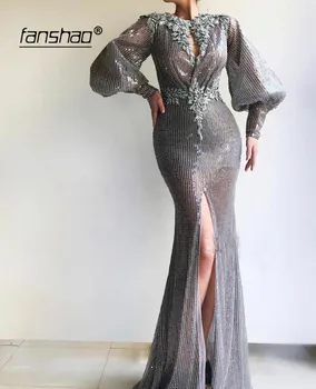 

Silver Muslim Evening Dress Long Sleeves Lantern Mermaid Slit Sequins Flowers Islamic Dubai Saudi Arabic Evening Gown Prom Dress