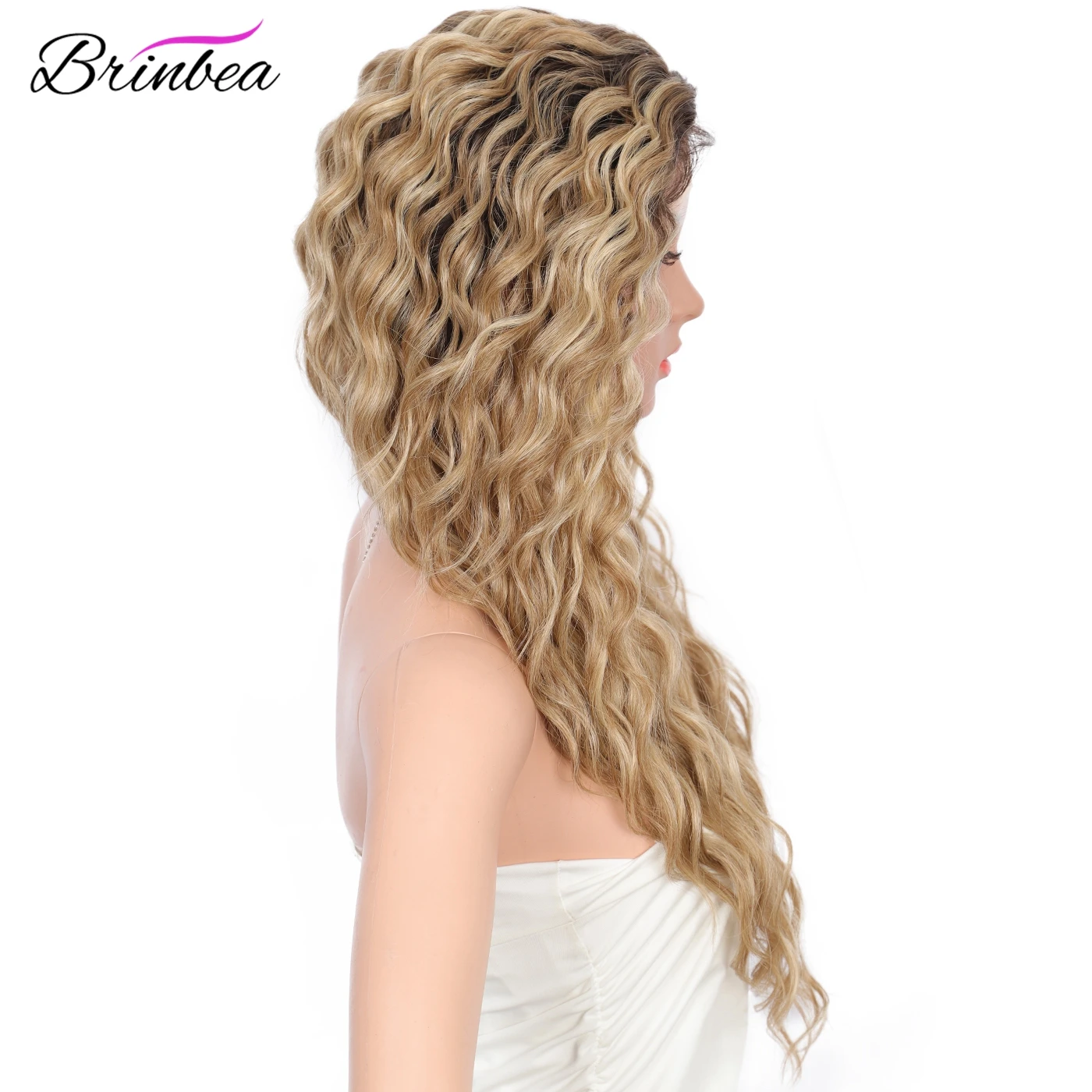 Resistente ao Calor Perucas da Parte Dianteira do Laço com Cabelo do Bebê Partido para Mulher Brinbea Japão-feito Sintético Marrom Encaracolado 4 Lado Profundo 28 14 com cabelo de bebê 4