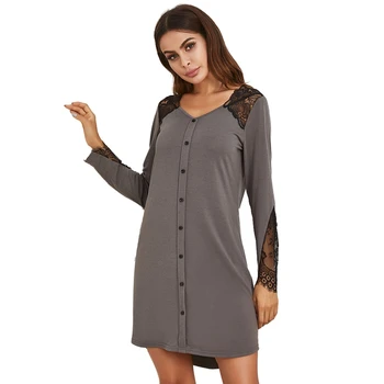 

Women Casual Nightdress Ladies Lace Stitching Solid Color Nightwear Nightgown Home Colthes Fake Button Pullover