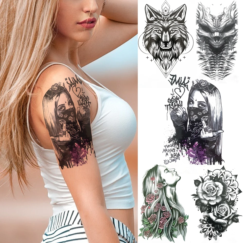 Black Masked Gangster Fake Tattoo Sticker Sexy Lady Waterproof Self Adhesive Temporary For Women Body Art Forearm Tatoos | Красота и