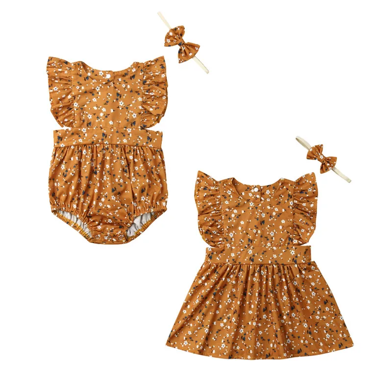 

Summer Toddler Kids Girls Family Matching Clothes Big Sister Dress Baby Girl Floral Bodysuit with Headband 2Pcs Outfits Set 0-6T