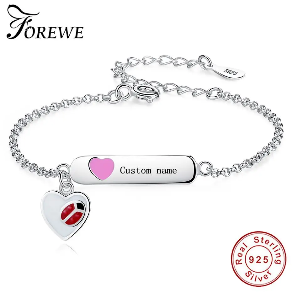 Браслет-цепочка с буквами и надписью «имя», 925 пробы Серебряный браслет в виде божьей коровки в форме сердца для девочек, детские Персонализированные ювелирные изделия, Рождественский подарок