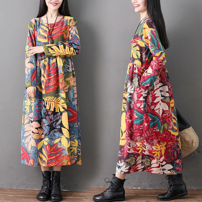 

2019 Spring National Wind WOMEN'S Dress Cotton Linen High-waisted Big Hemline Long-sleeved Dress Retro Literature And Art Printe