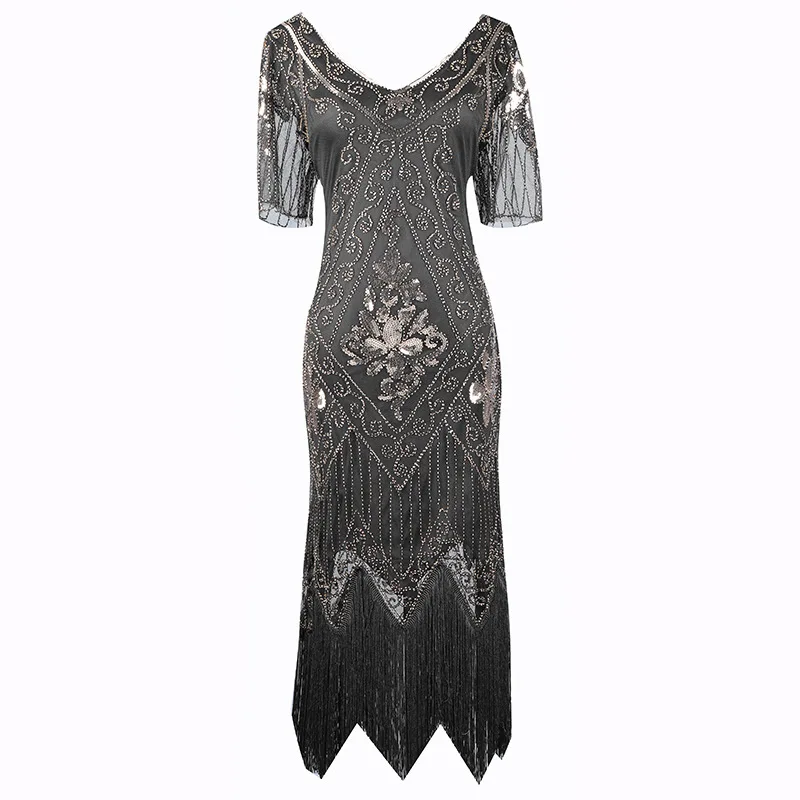 black gold dress 1920s Хлопушка большое платье Гэтсби ринг 20s костюм бахрома Блестки из бисера платье и украшенные Арт Деко аксессуары XXXL - Цвет: black gold dress