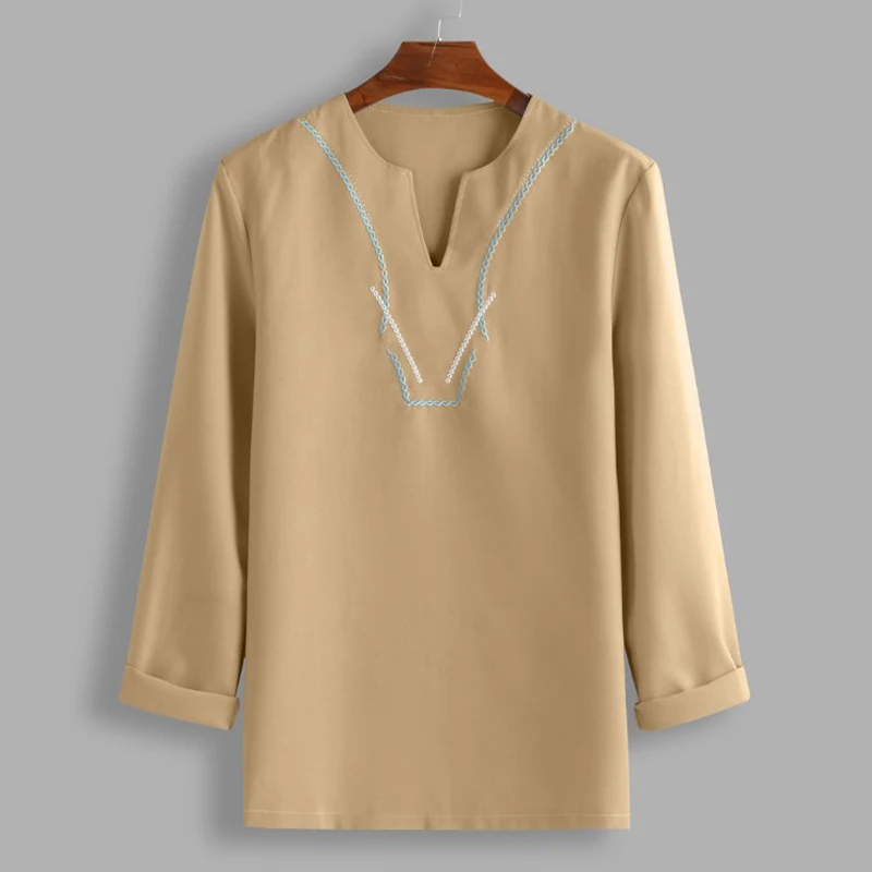 Мужские топы, рубашка, Пляжная, осенняя, с длинным рукавом, Boho, модная, однотонная, повседневная, свободная