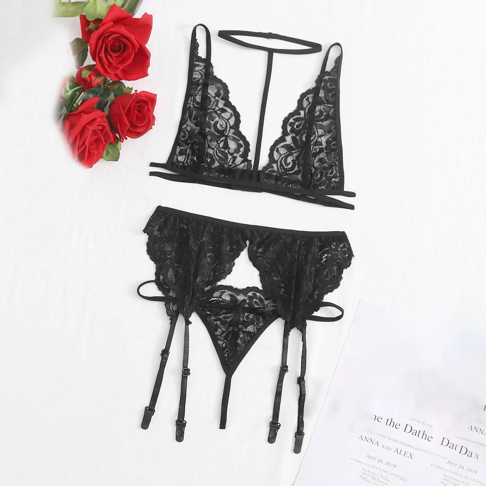 3pcs Sexy Halter Lace Bra+Thong+Garter Belt Lingerie Set Women Black