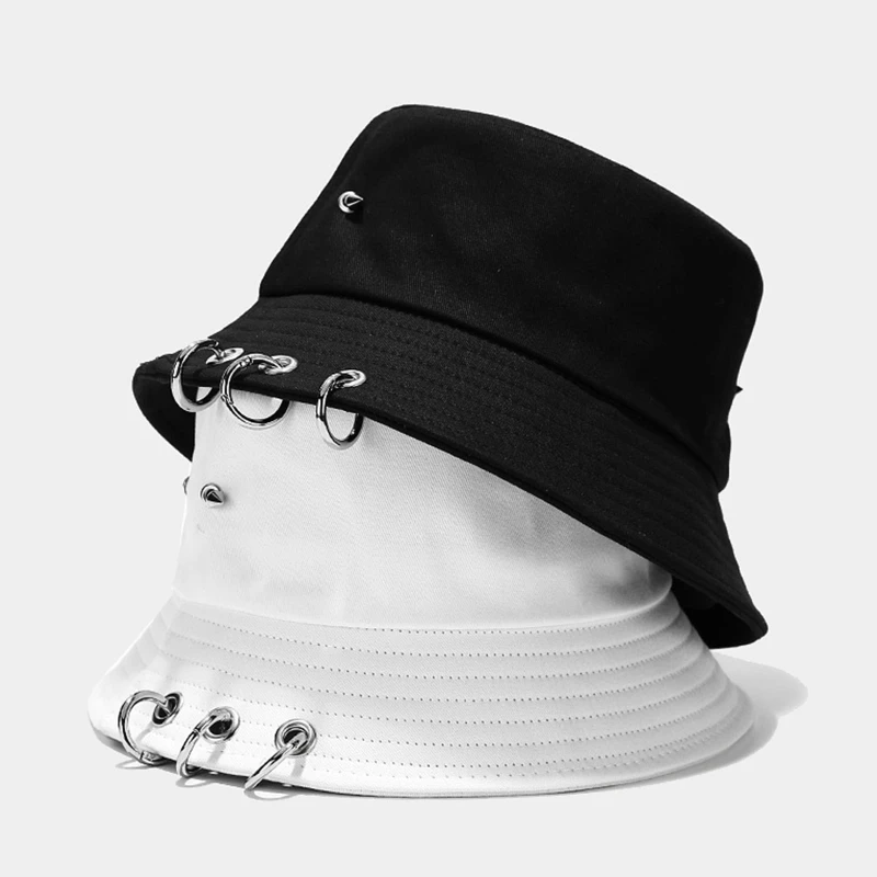 

Kpop Jungkook Harajuku Hip Hop Solid Color Bucket Hat Spiked Rivets Metal Rings Outdoor Wide Brim Sunscreen Fisherman Cap