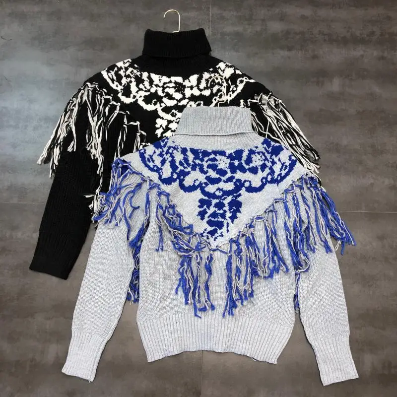 

2019 Autumn New Turtleneck Long Sleeve Knitted Sweater Women Retro Flower Tassel Pullover Knitted Jumper Female Knitwear