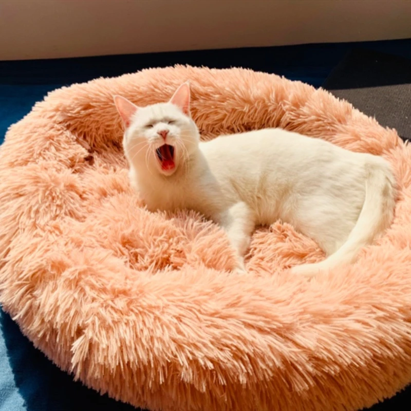 

Round Plush Cat Bed House Soft Long Plush Pet Dog Bed For Dogs Products Winter Warm Sleeping Cat Pet Bed Mat Cat House 40-100cm