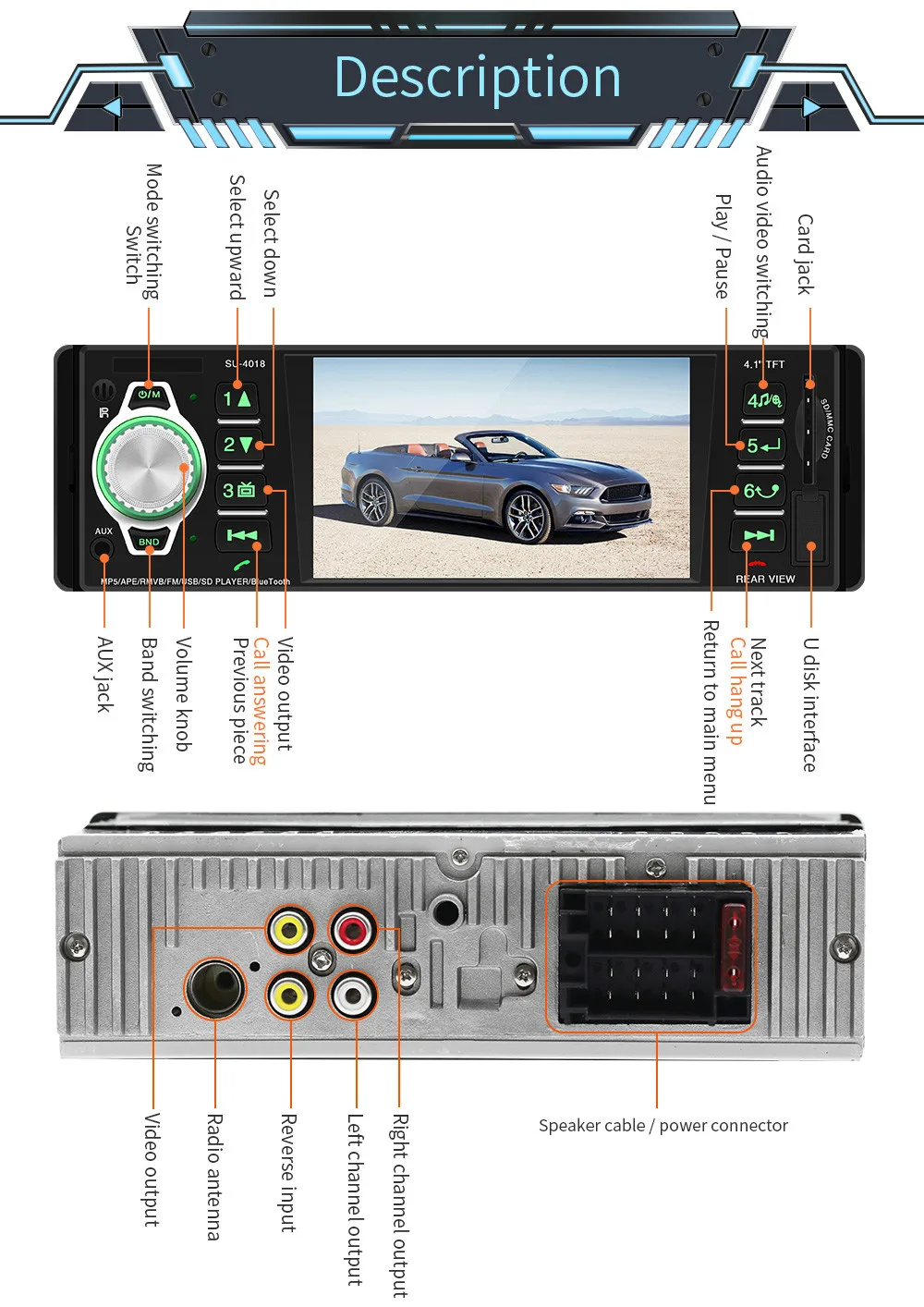 1 Din FM Автомагнитола 4,1 дюймов TFT экран Bluetooth Mp5 плеер USB/SD AUX Стерео Авторадио кассета Авто ленты