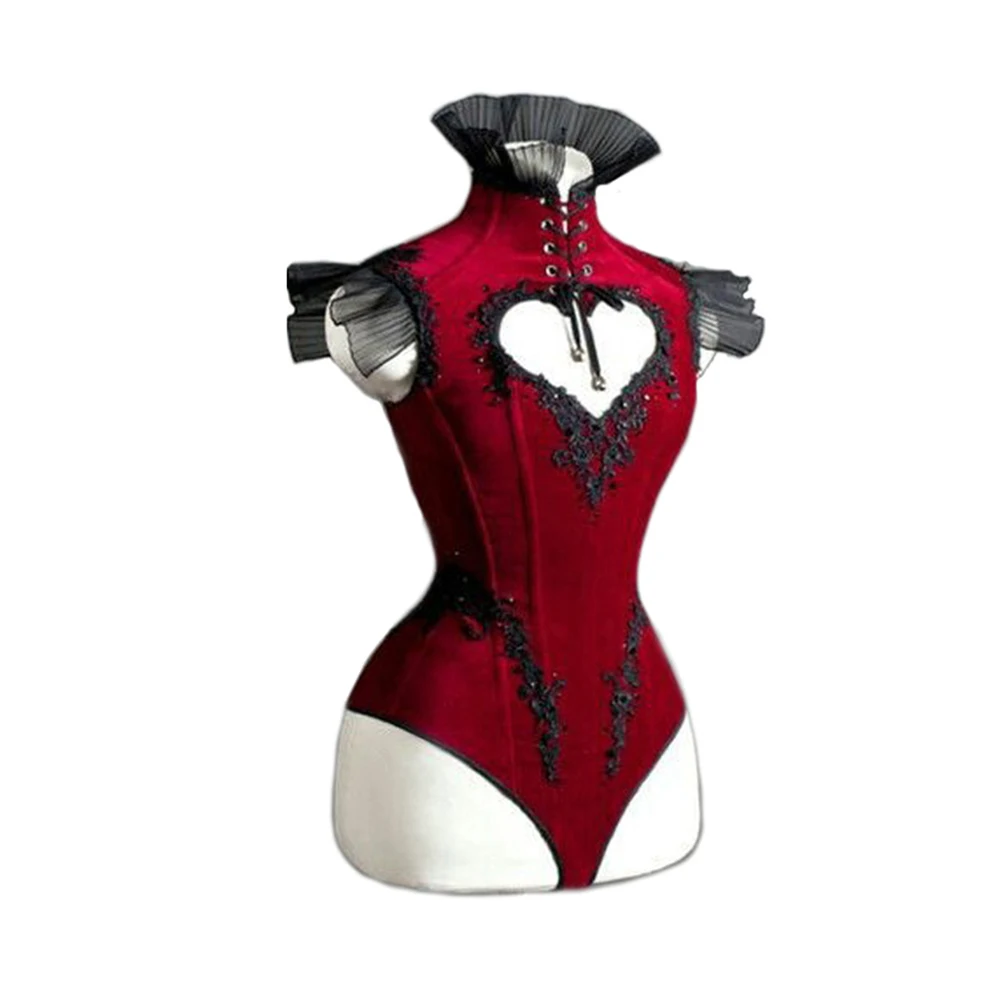 Винтажный женский готический панк с коротким рукавом кружевной сексуальный облегающий боди на шнуровке комбинезон средневековый Красный боди