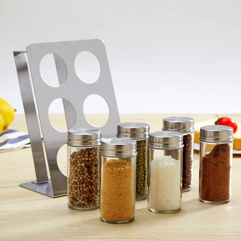 New 6Pcs Kitchen Clear Glass Seasoning Salt Pepper Sugar Jars+ Stainless Steel Rack