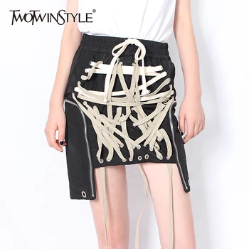 

TWOTWINSTYLE Lace Up Bowknot Elastic High Waist Streetwear Skirts For Women Hollow Out Irregular Hem Skirt Female New 2020