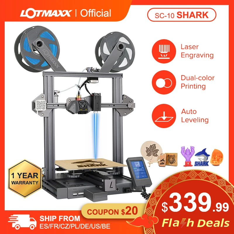 Lotmaxx Laser 3d Printer Diy Dual Kleur Afdrukken Auto Leveling Imprimante 3d Printer Machine Met Tft Touch Screen SC10 Shark