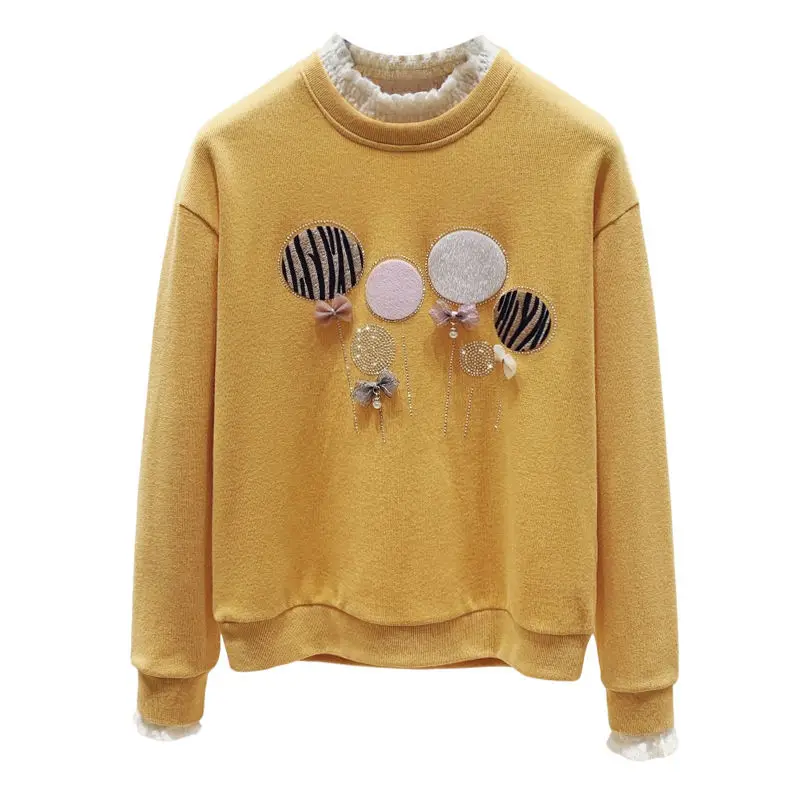 

High Quality Autumn Winter Plus Velvet Women Sweatshirt Coat Lace Collar Bow Harajuku Beading Harajuku Balloon Cotton Pullover