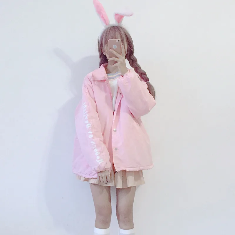 

Japanese-style Sweet Cartoon Printed Heart Printed Pocket Trench Coat GIRL'S Jacket plus Cotton Single Breasted Cardigan Coat