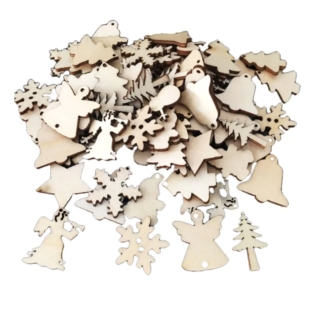 50 Pcs Trees Shapes Nature Decorations Sets for Kids - Angle, Ring Bell, Tree, Snowflakes Shaped Wooden Embellishments