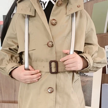 

Per-sale Ship in End of August 2020 Autumn Boys Trench Coat Hat Detachable Lantern Sleeve Belt Mid-length Trench Coat Girls Coat